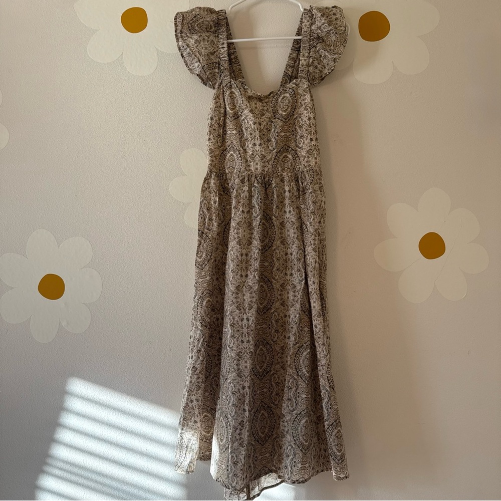 NWT Banana Republic Beige Patterned Tie Open Back Midi Dress with Ruffle Sleeves - Picture 2 of 11